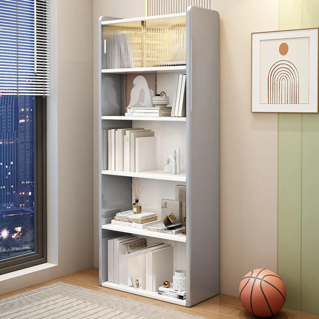 Modern Rectangular 5-Tier Vertical Bookcase — Grey