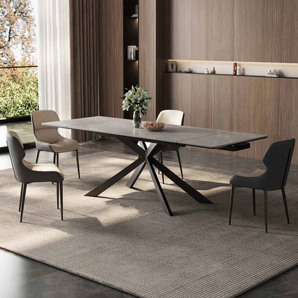 Modern Gray Rectangle Extendable Dining Table — Rock Beam / Table Only