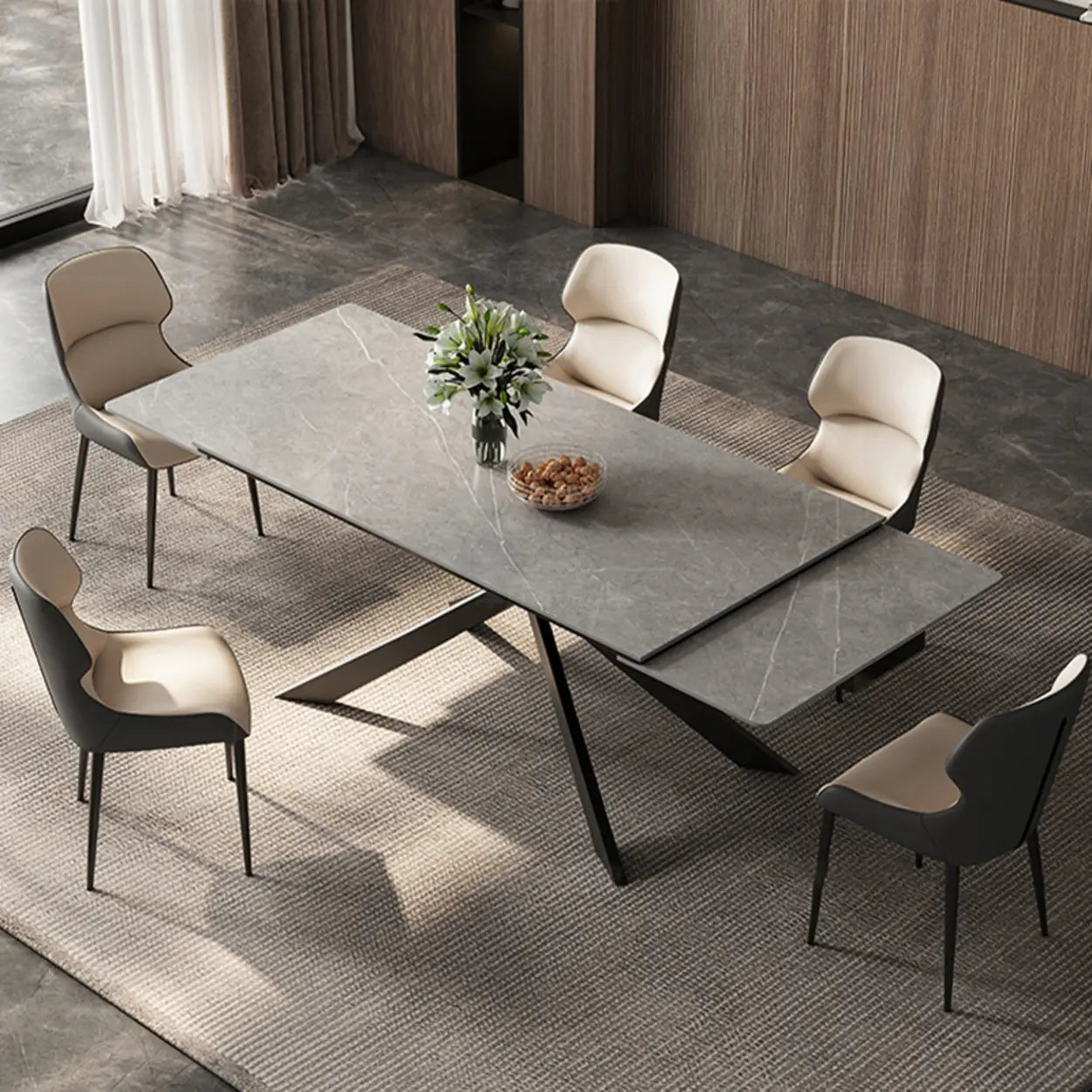 Modern Gray Rectangle Extendable Dining Table — Rock Beam / Table Only