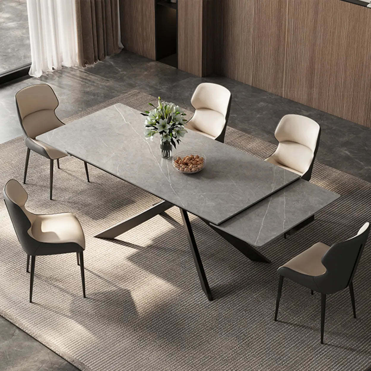 Modern Gray Rectangle Extendable Dining Table — Rock Beam / Table Only