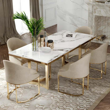 Modern Rectangular Gold-Frame White Dining Table — Black / Table Only