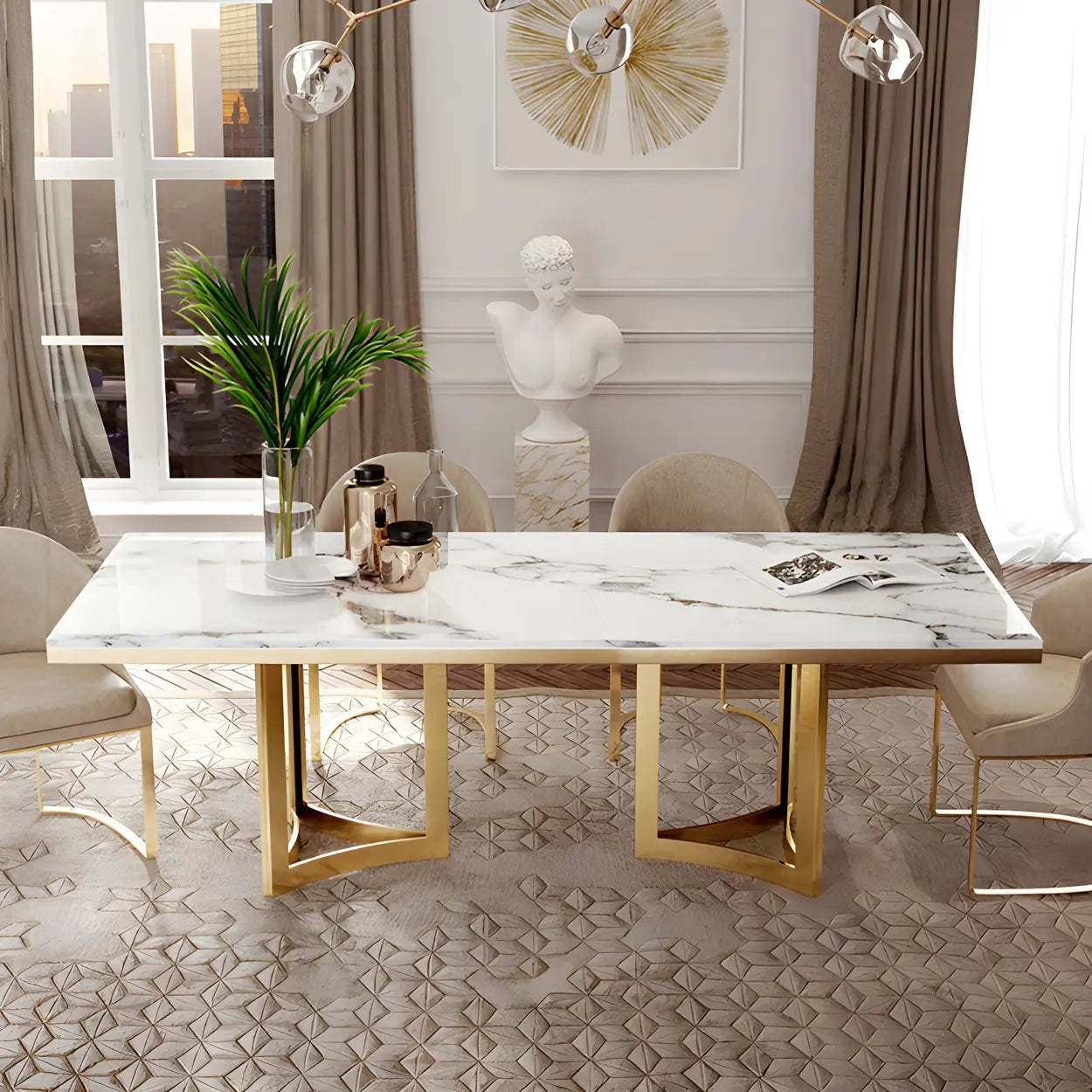 Modern Rectangular Gold-Frame White Dining Table
