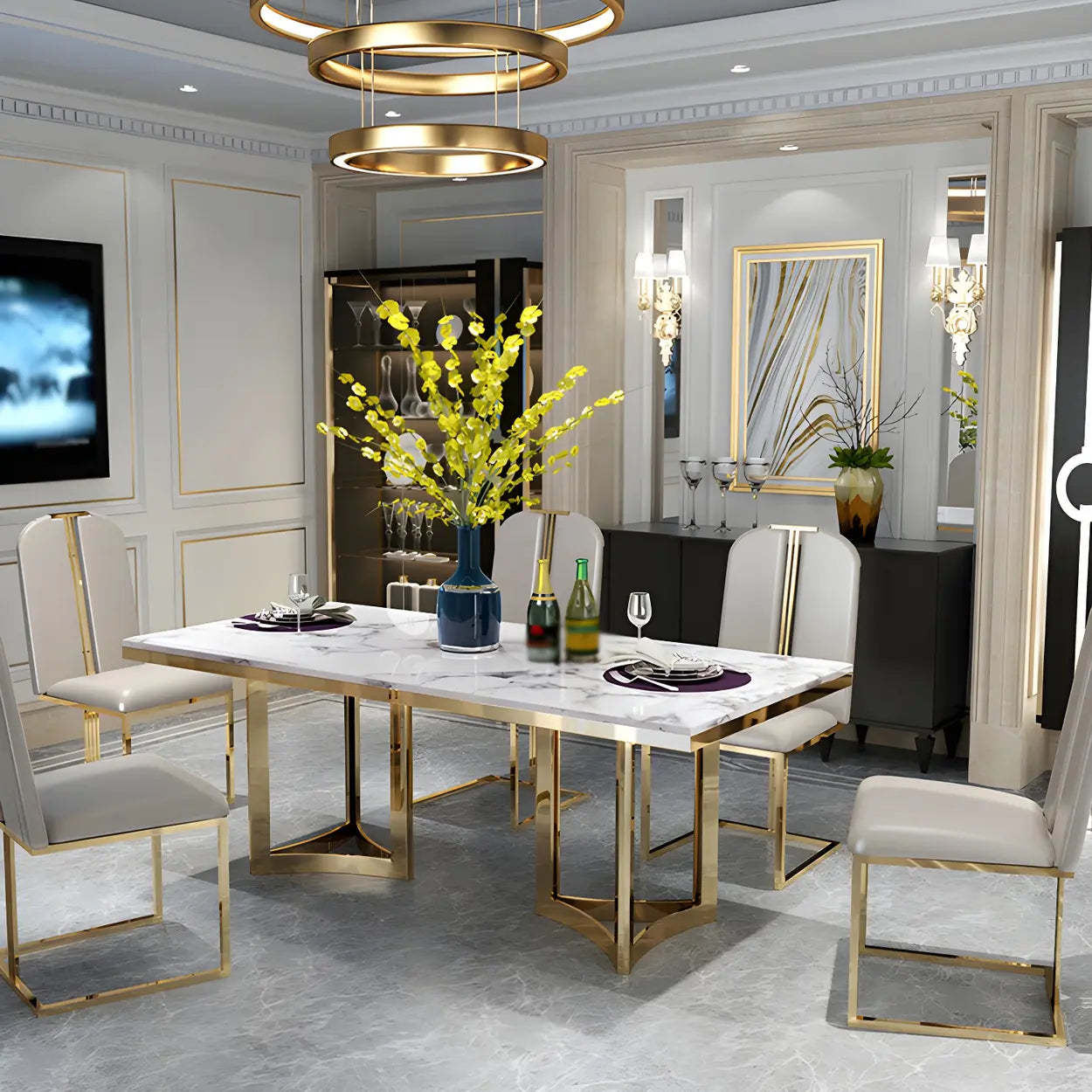 Modern Rectangular Gold-Frame White Dining Table