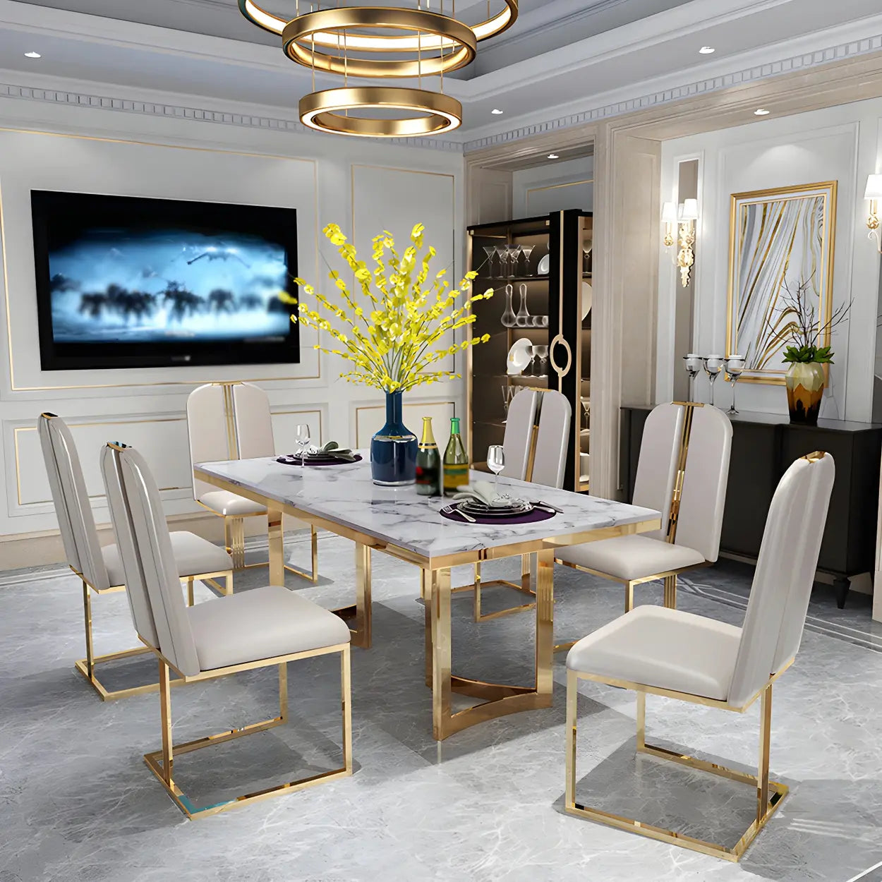 Modern Rectangular Gold-Frame White Dining Table