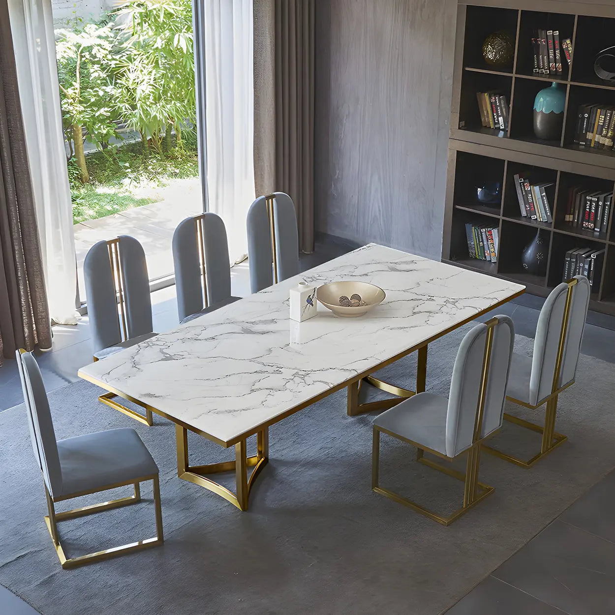 Modern Rectangular Gold-Frame White Dining Table