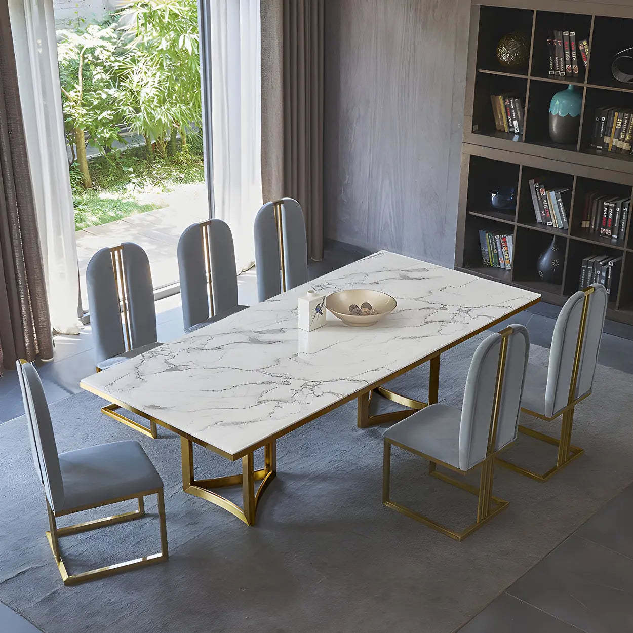 Modern Rectangular Gold-Frame White Dining Table