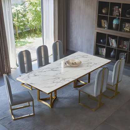 Modern Rectangular Gold-Frame White Dining Table
