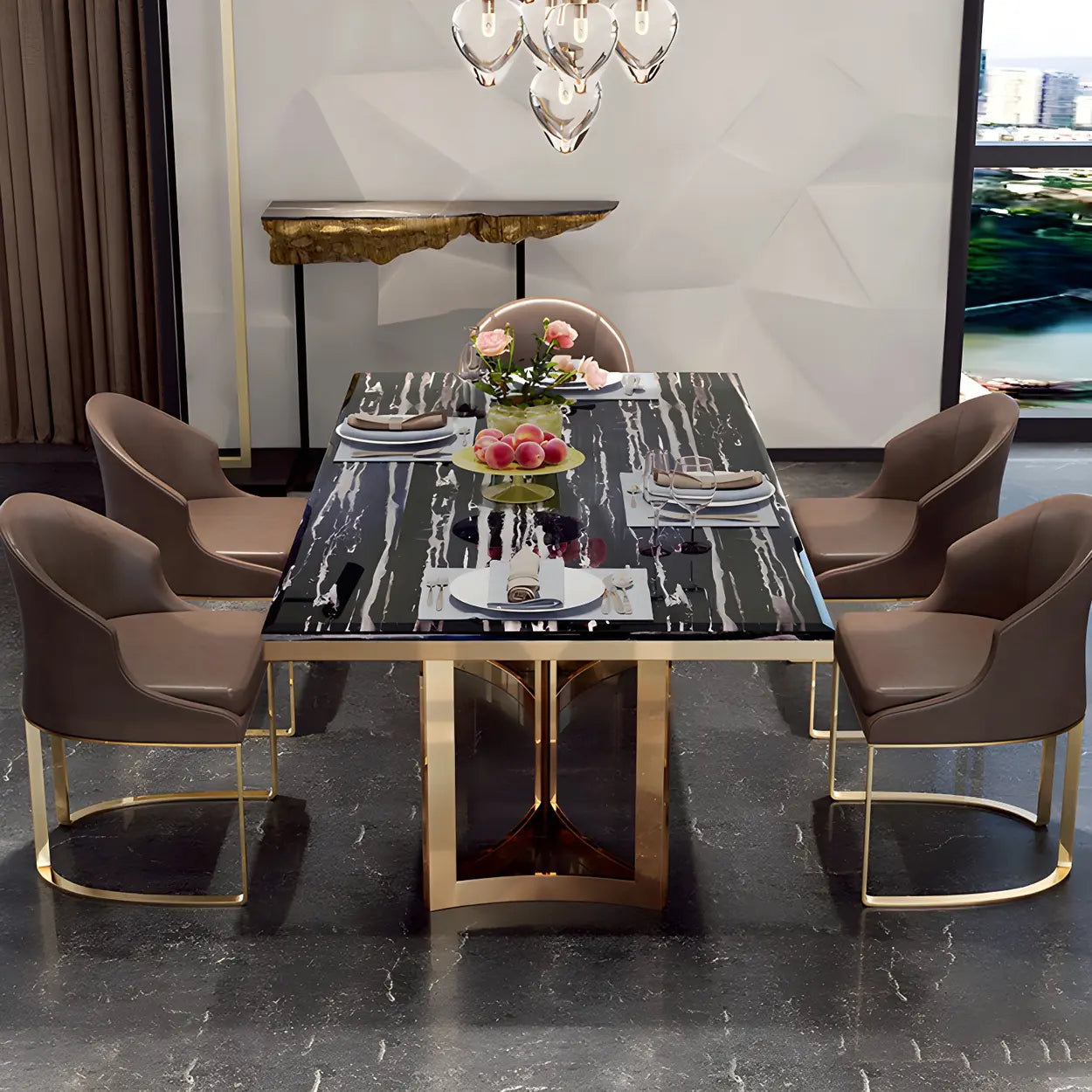 Modern Rectangular Gold-Frame White Dining Table