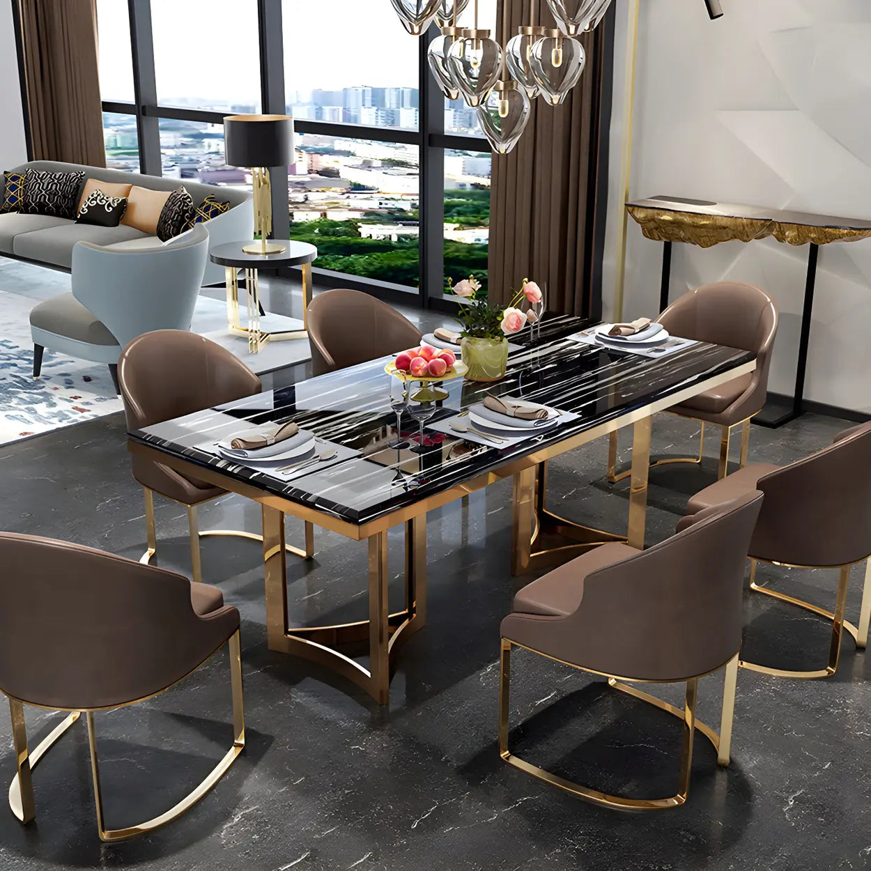 Modern Rectangular Gold-Frame White Dining Table