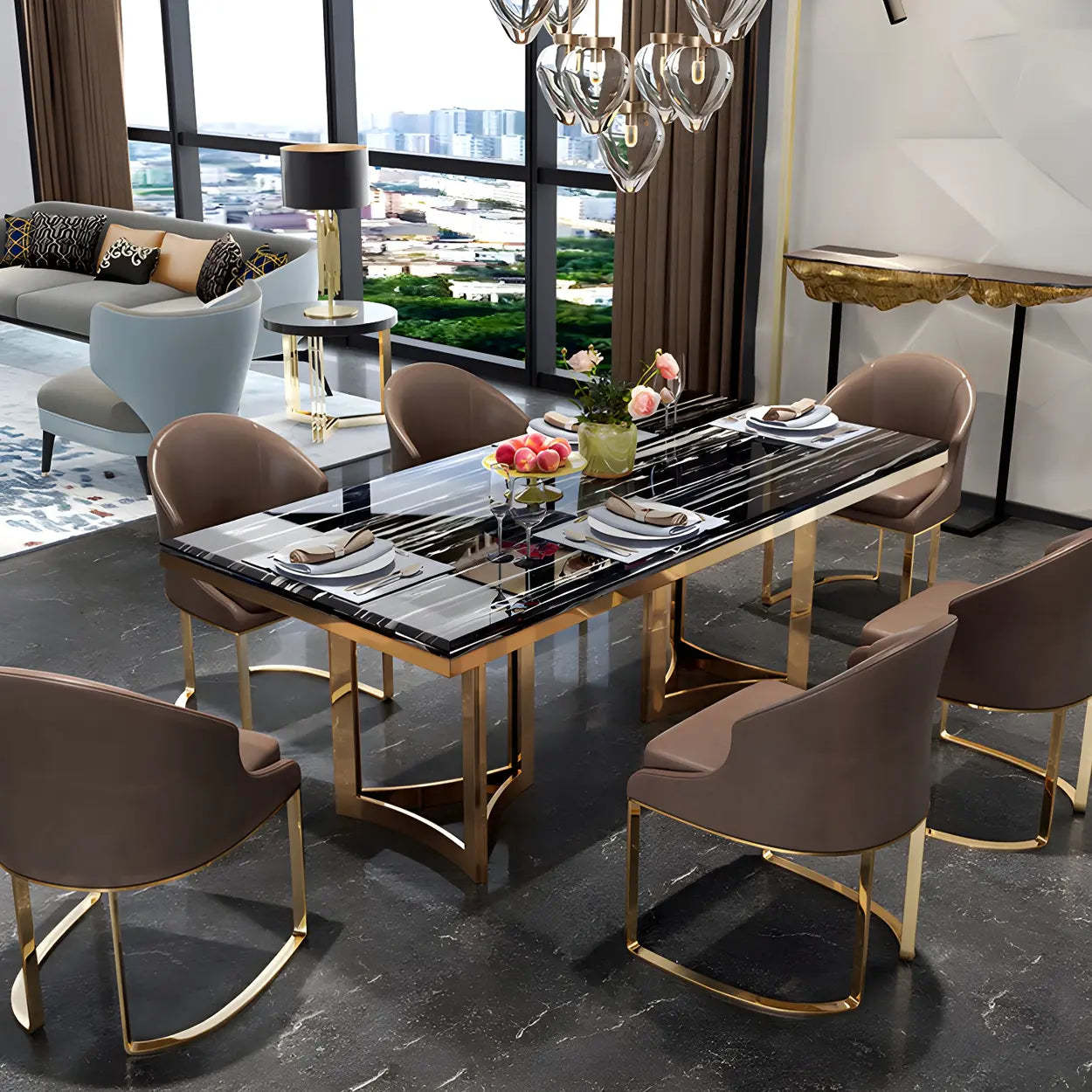 Modern Rectangular Gold-Frame White Dining Table