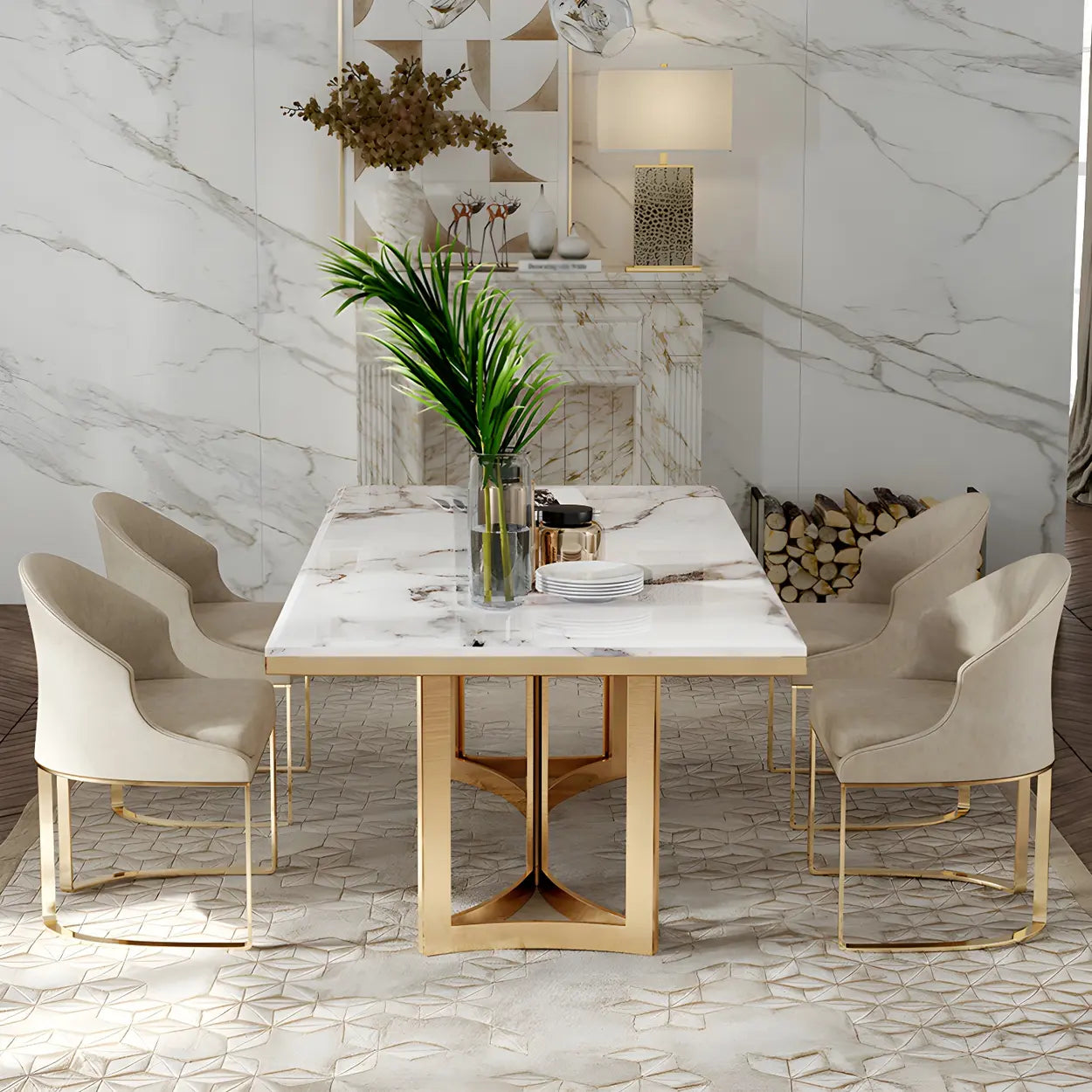 Modern Rectangular Gold-Frame White Dining Table — Black / Table Only