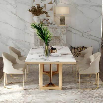 Modern Rectangular Gold-Frame White Dining Table — Black / Table Only