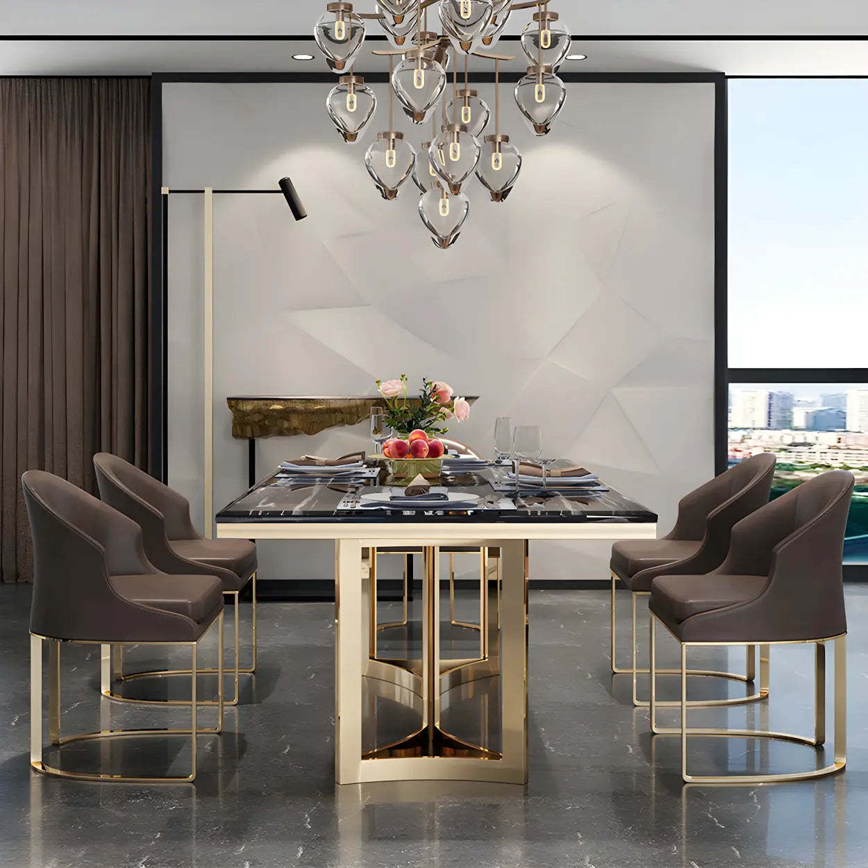 Modern Rectangular Gold-Frame White Dining Table — Black / Table Only