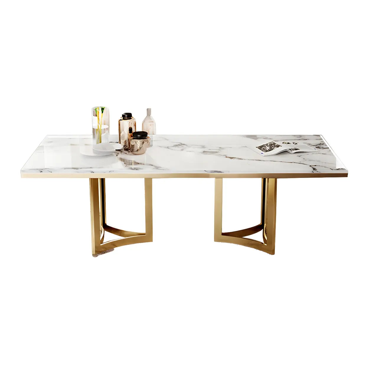 Modern Rectangular Gold-Frame White Dining Table — White / Table Only