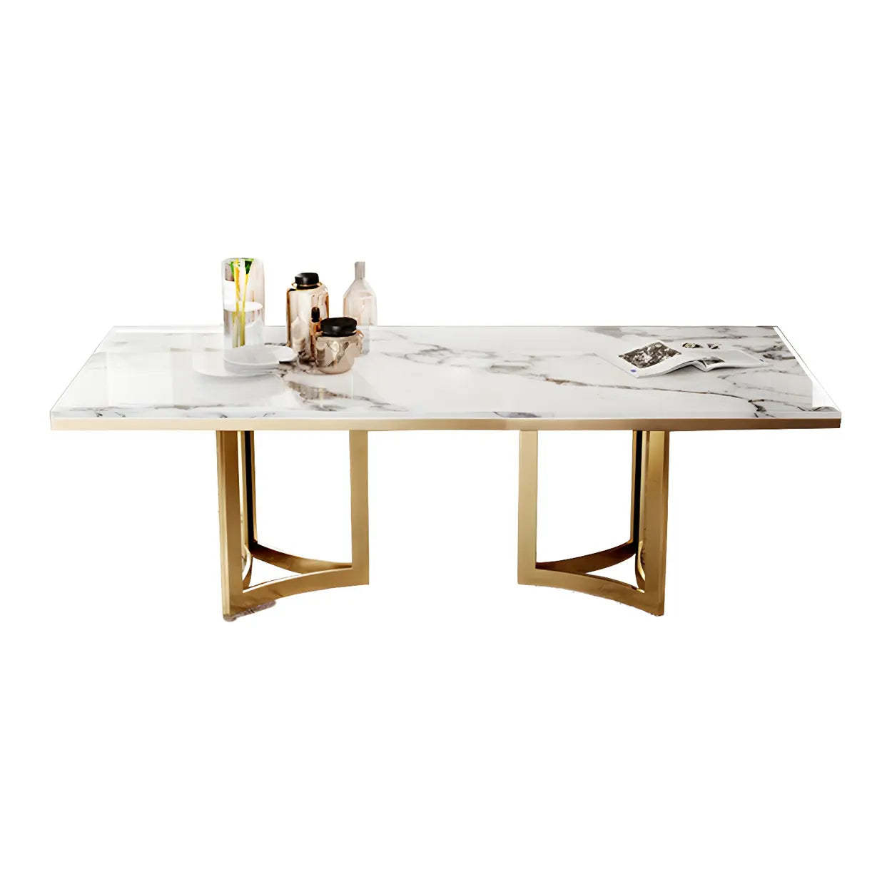 Modern Rectangular Gold-Frame White Dining Table — White / Table Only