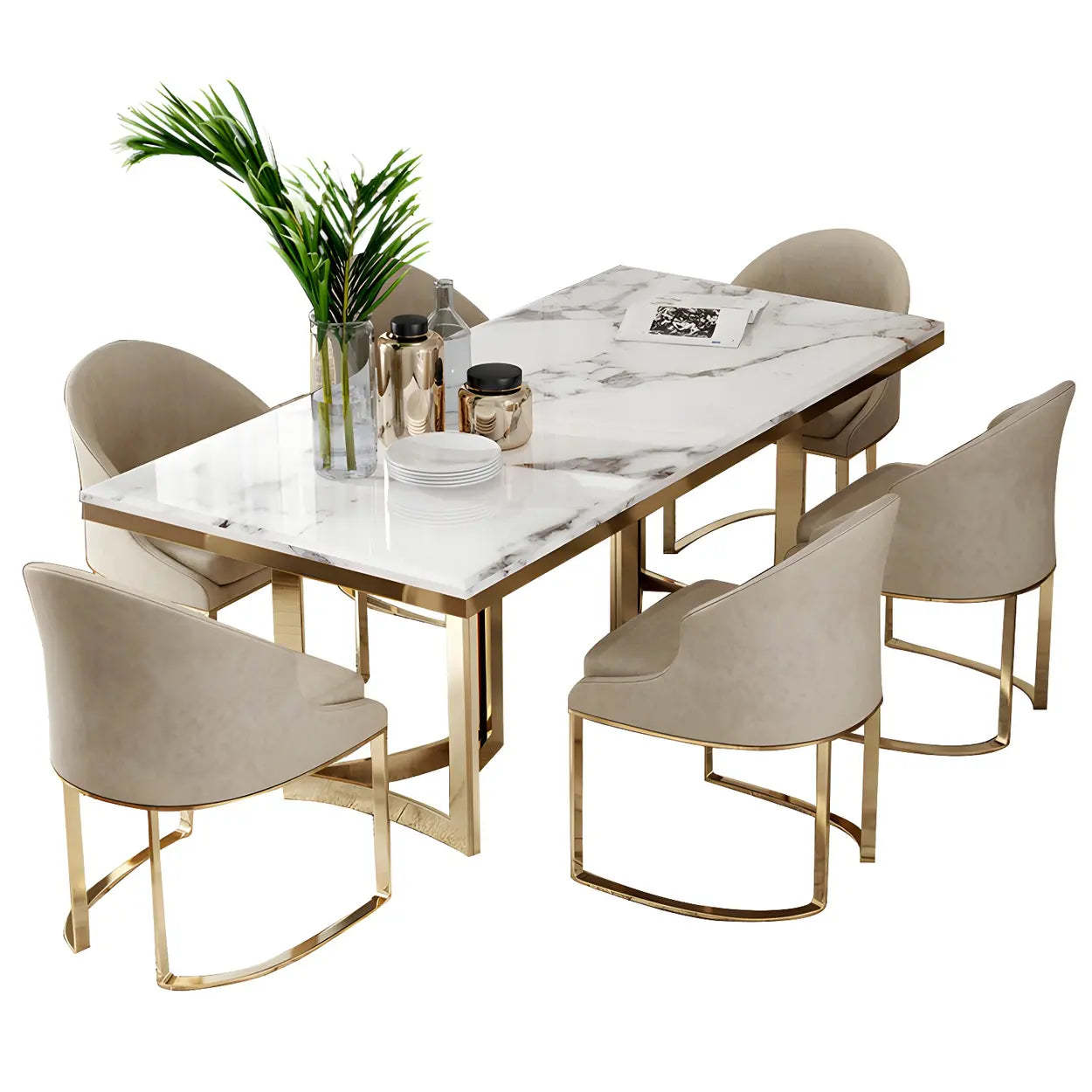 Modern Rectangular Gold-Frame White Dining Table