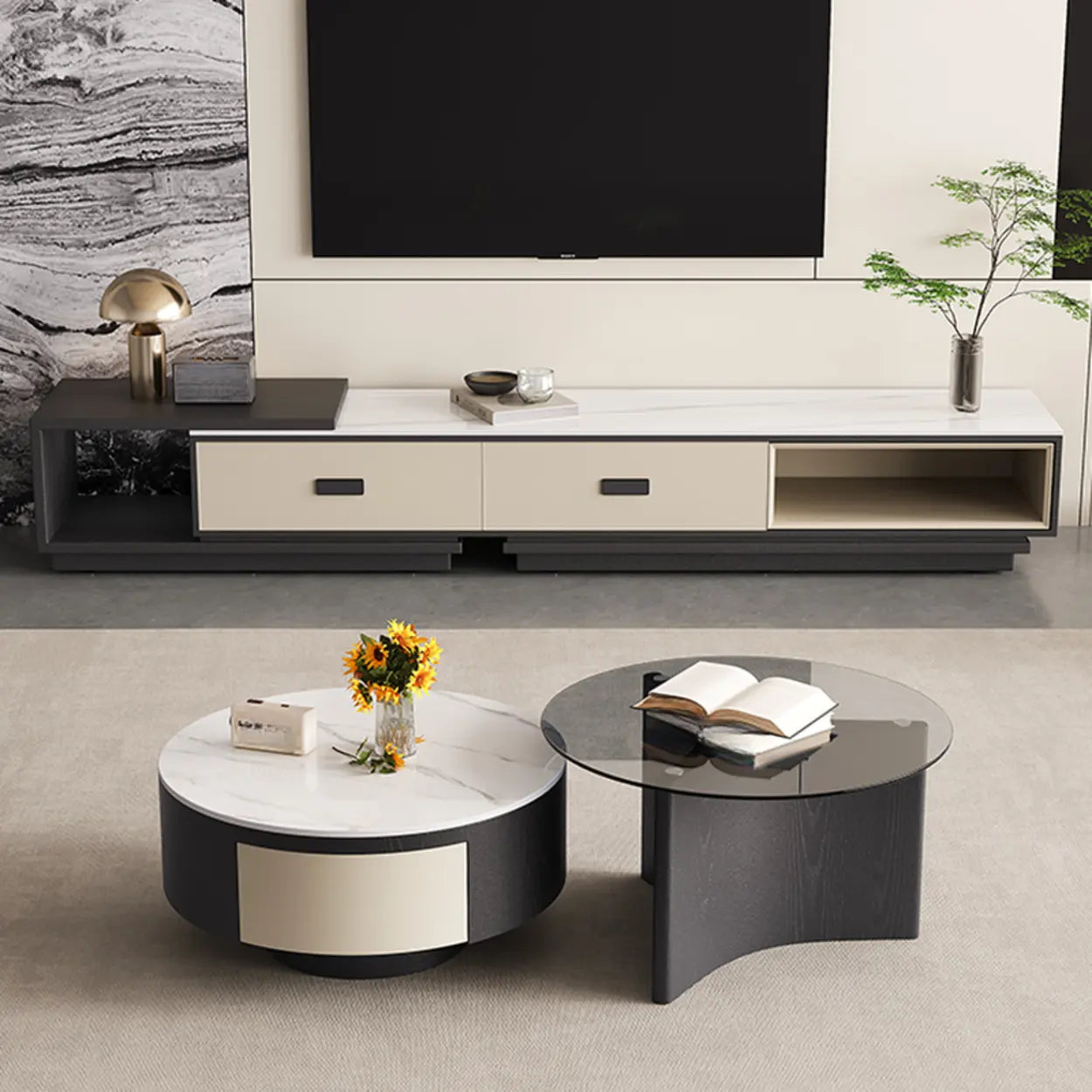 Modern Rectangular Marble Top TV Stand with Drawers