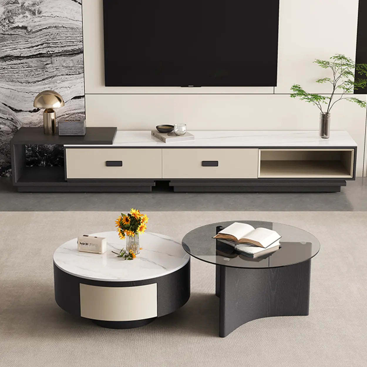 Modern Rectangular Marble Top TV Stand with Drawers
