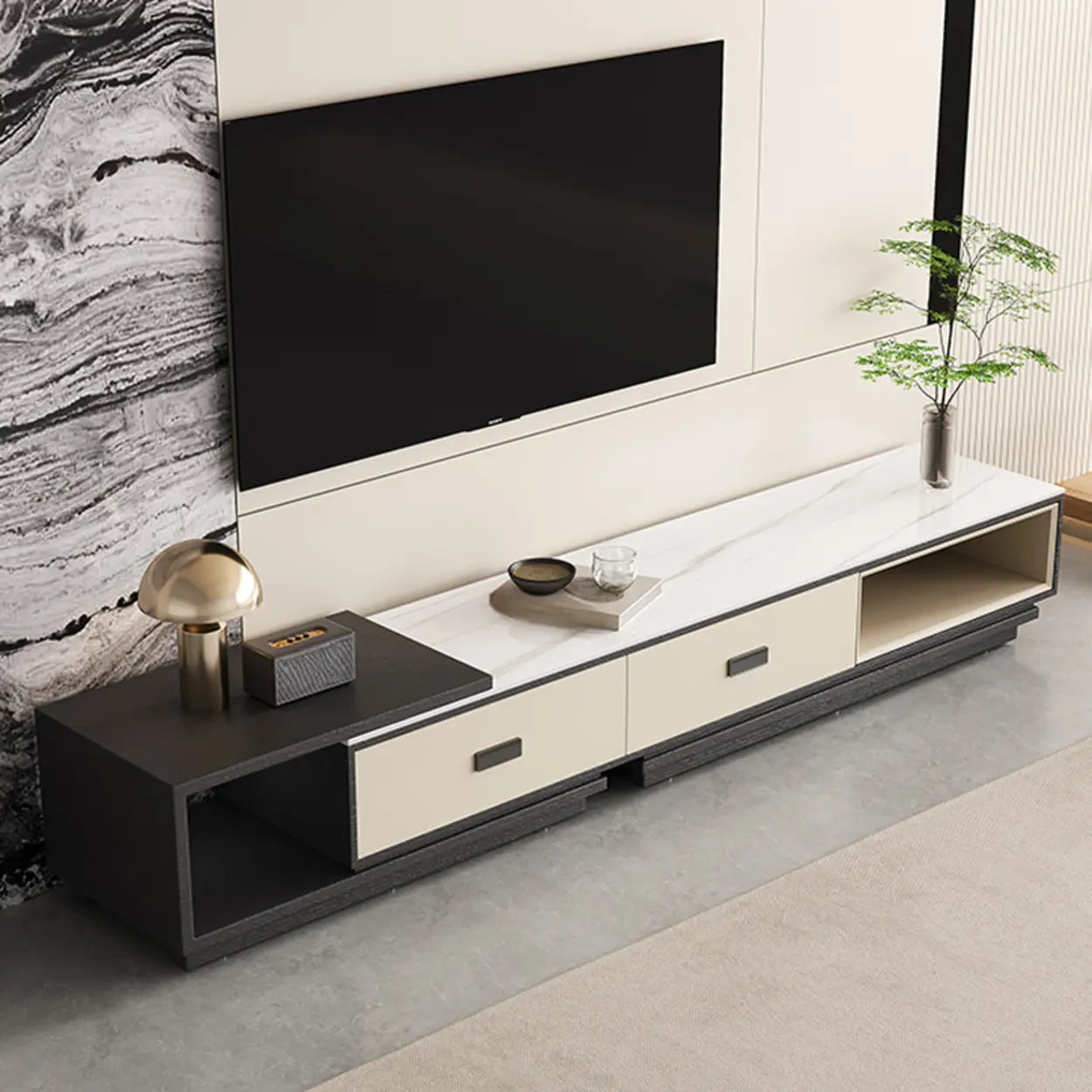 Modern Rectangular Marble Top TV Stand with Drawers