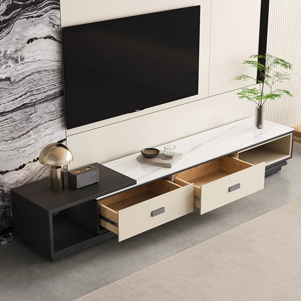 Modern Rectangular Marble Top TV Stand with Drawers