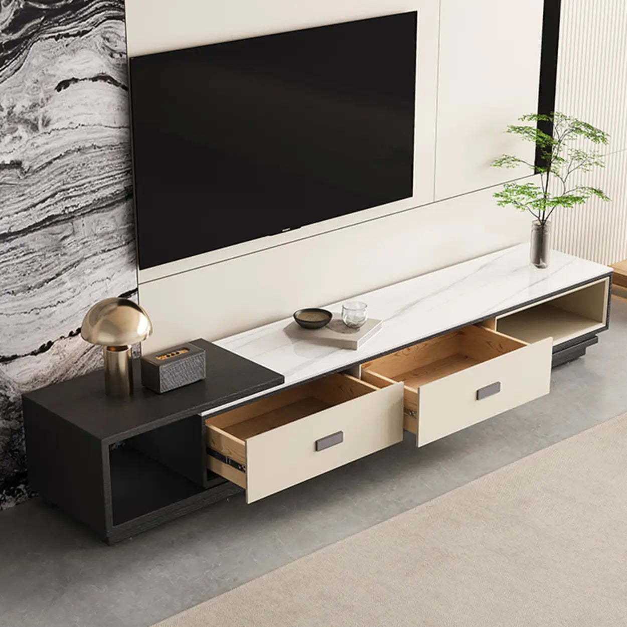 Modern Rectangular Marble Top TV Stand with Drawers
