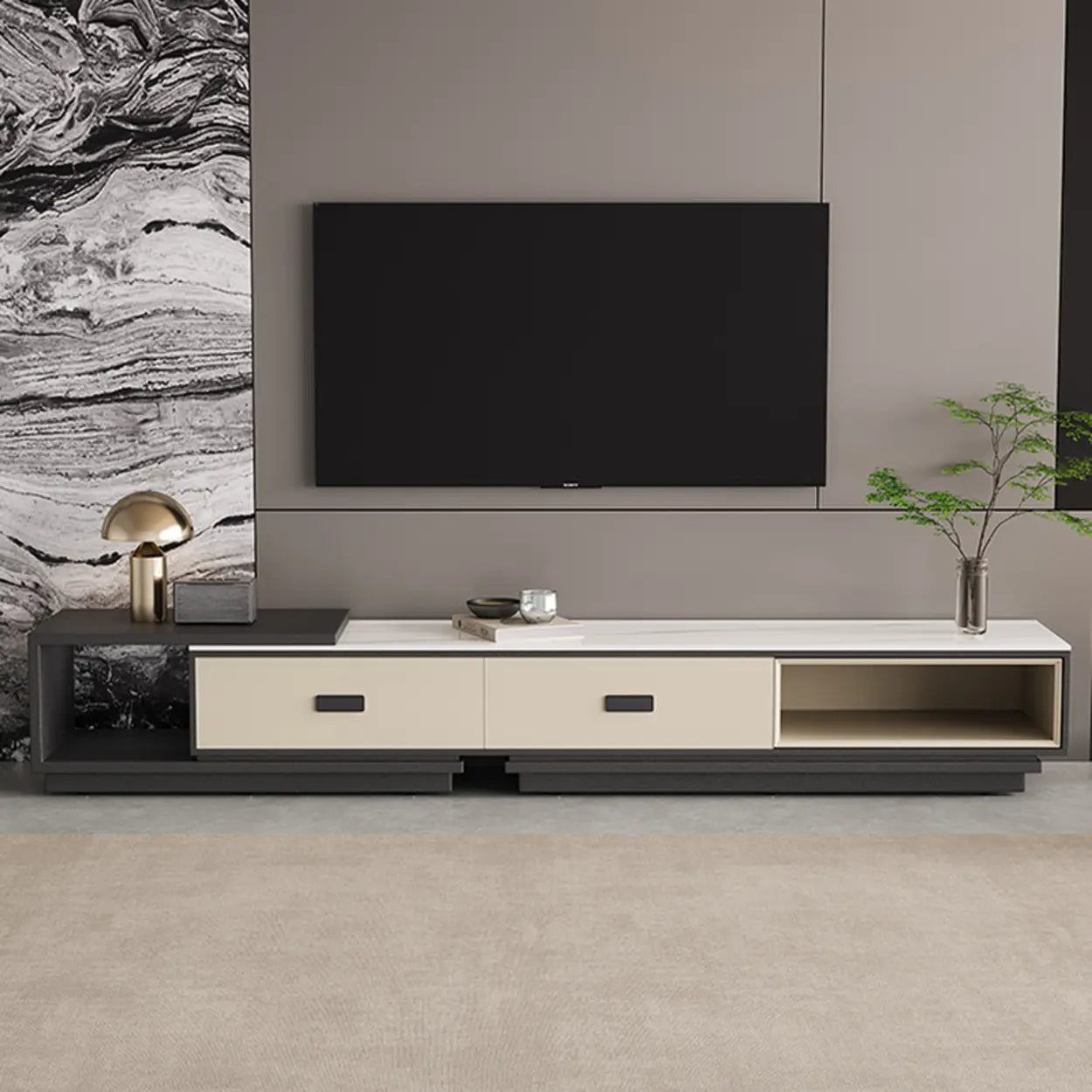 Modern Rectangular Marble Top TV Stand with Drawers