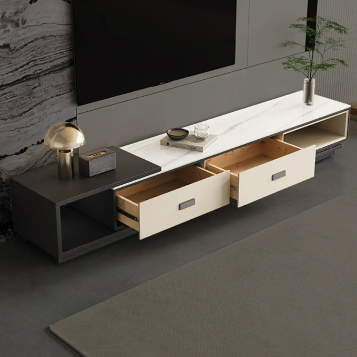 Modern Rectangular Marble Top TV Stand with Drawers