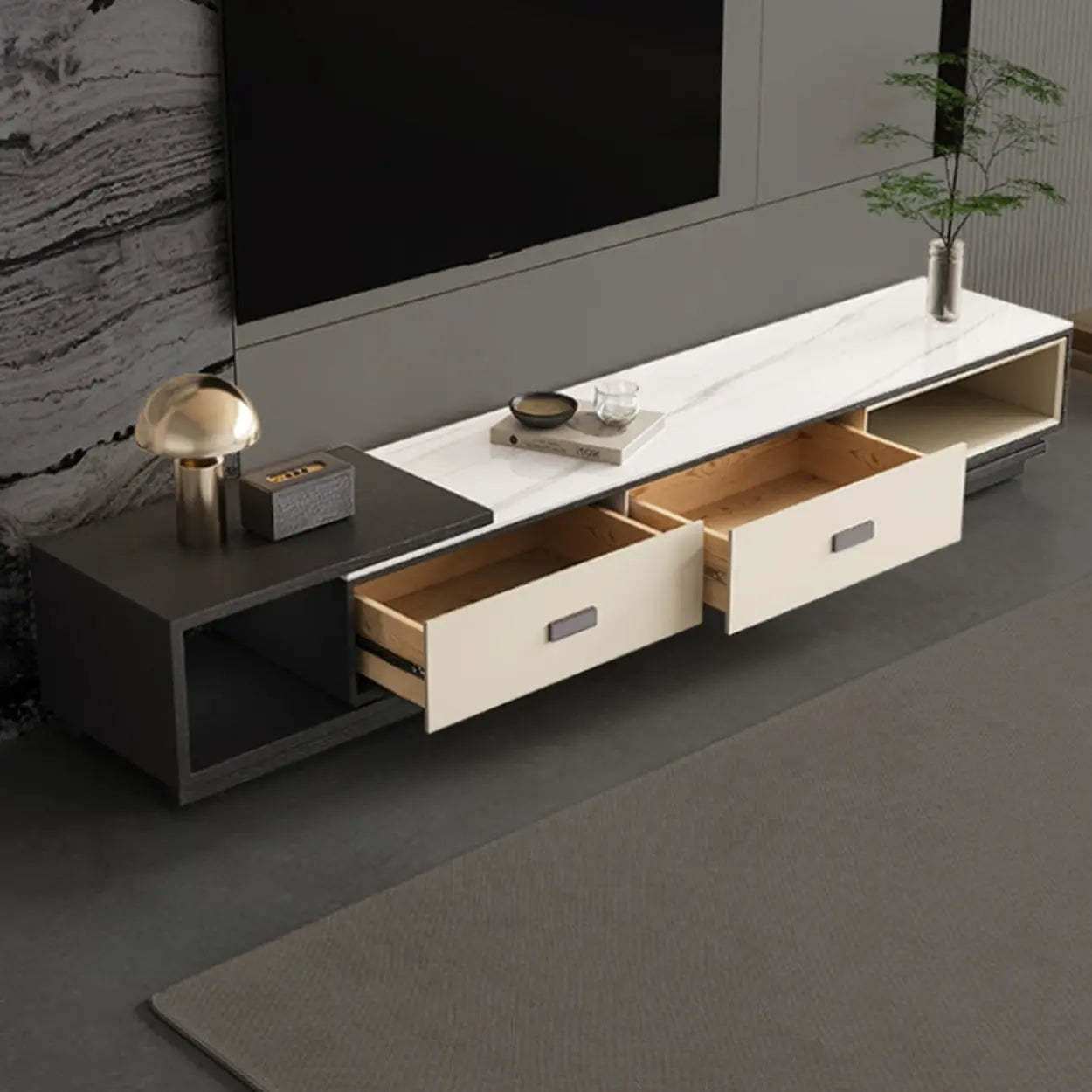 Modern Rectangular Marble Top TV Stand with Drawers