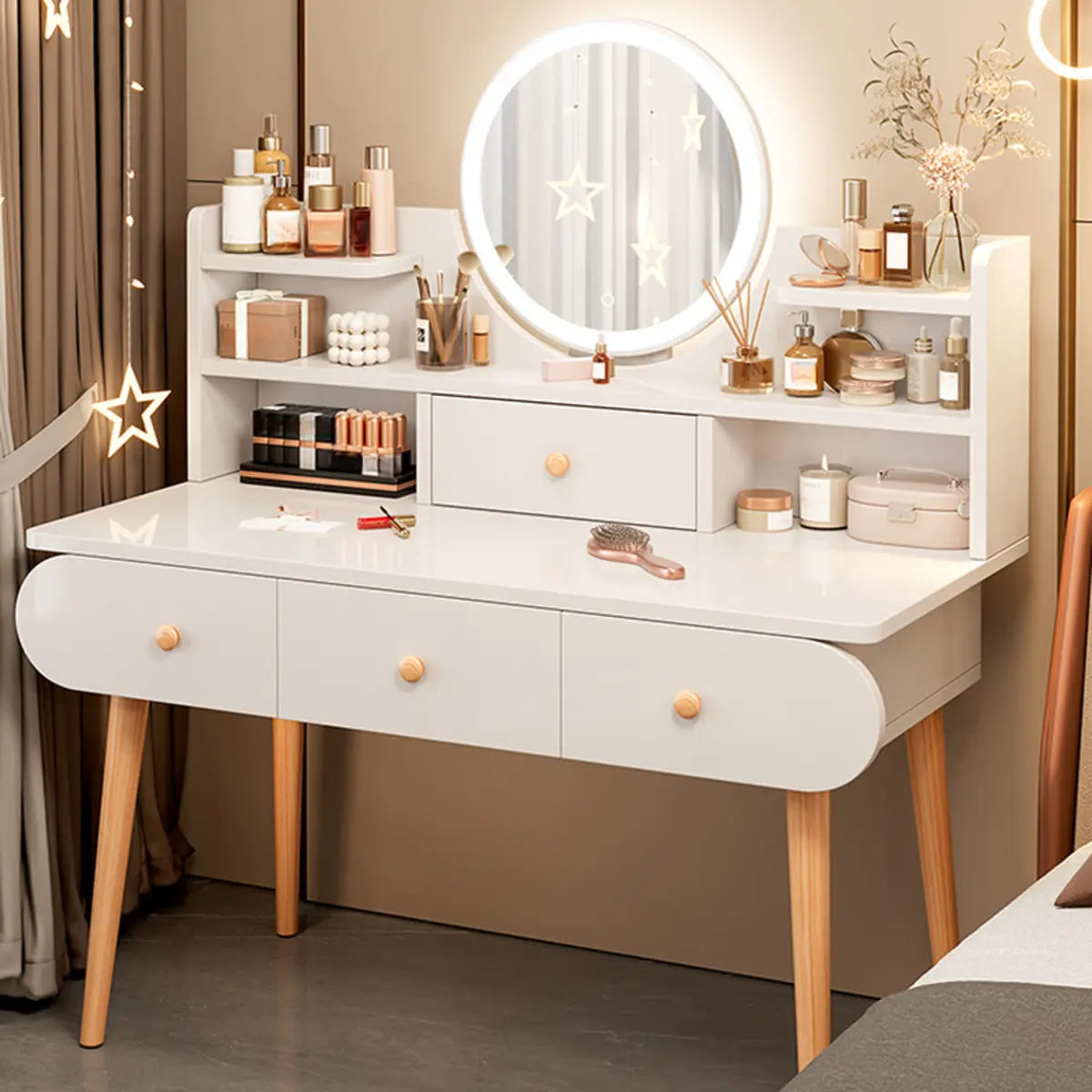 Modern Rectangle Mirror White Gray Vanity Set — White / 3 / Makeup Vanity & Stool & Mirror