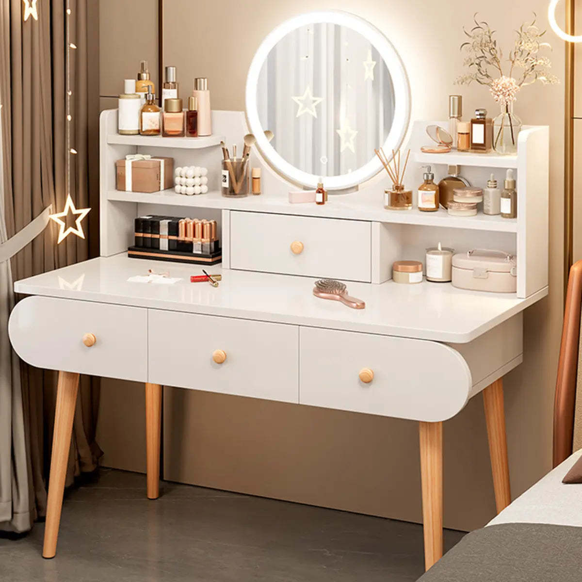 Modern Rectangle Mirror White Gray Vanity Set — White / 3 / Makeup Vanity & Stool & Mirror