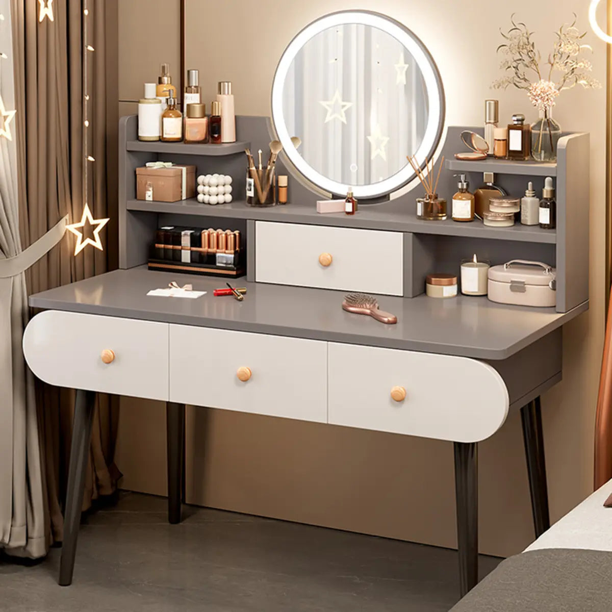 Modern Rectangle Mirror White Gray Vanity Set — White / 4 / Makeup Vanity & Stool & Mirror