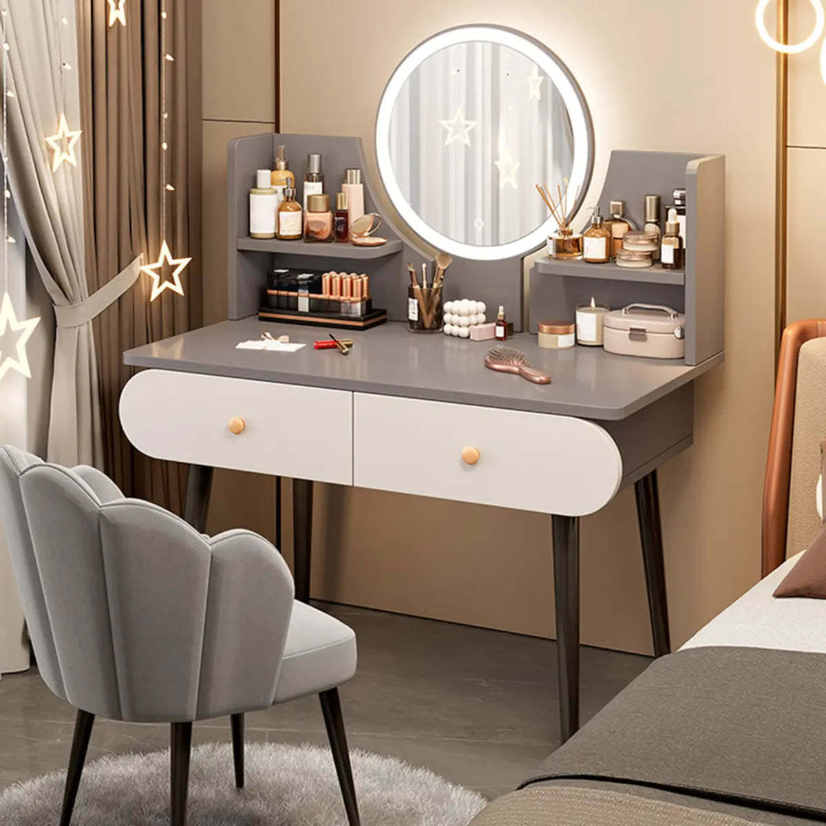 Modern Rectangle Mirror White Gray Vanity Set