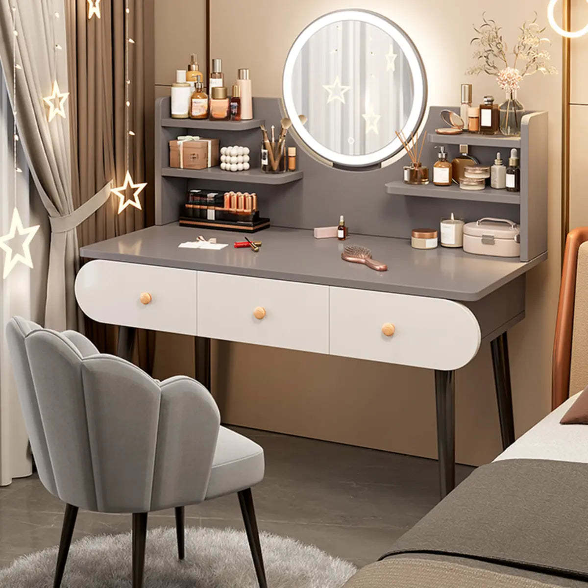 Modern Rectangle Mirror White Gray Vanity Set