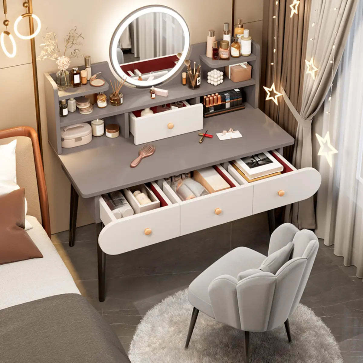 Modern Rectangle Mirror White Gray Vanity Set — Grey / 2 / Makeup Vanity & Mirror