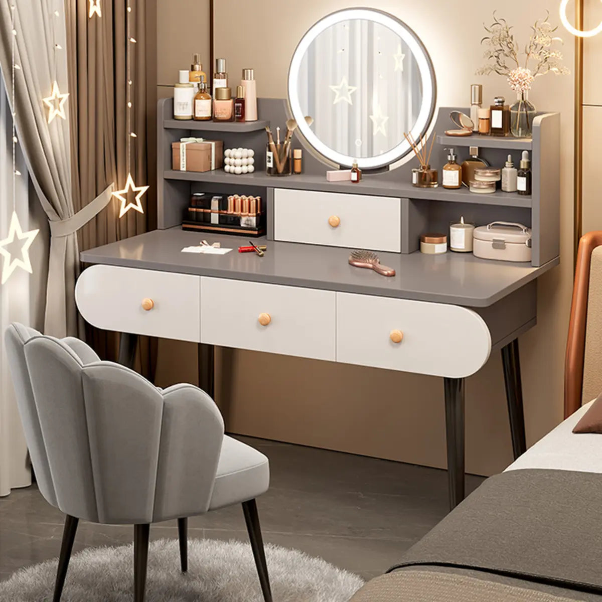 Modern Rectangle Mirror White Gray Vanity Set