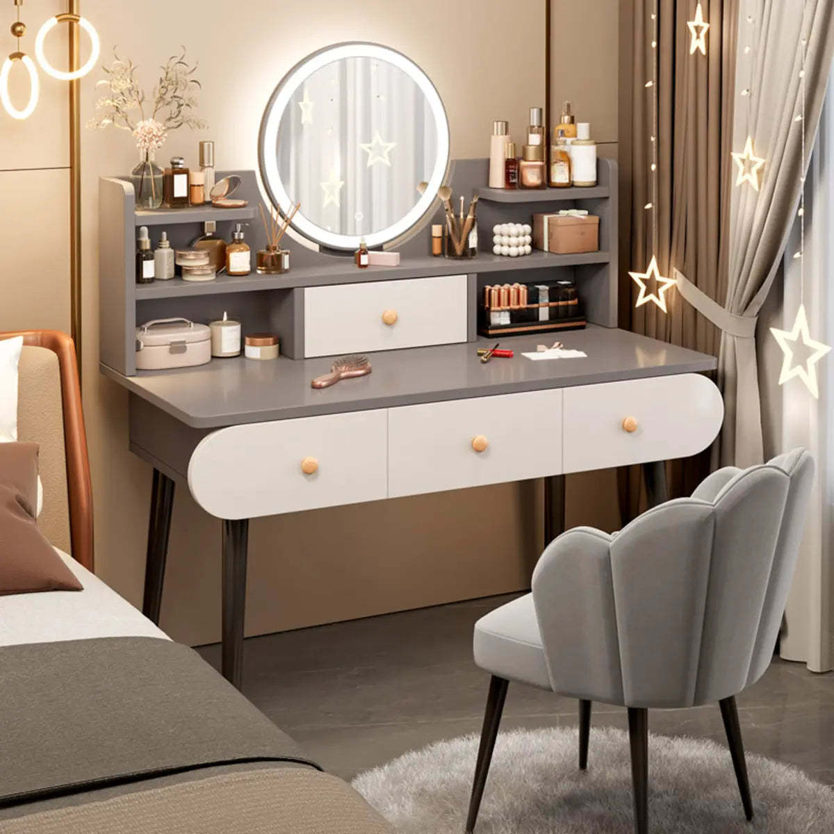 Modern Rectangle Mirror White Gray Vanity Set — Grey / 3 / Makeup Vanity & Mirror