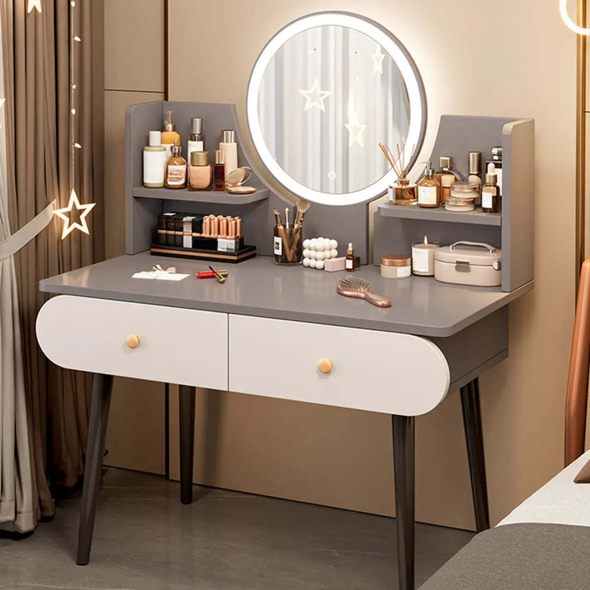Modern set mirror makeup vanities in wood — Makeup Vanity & Mirror / Gray / Set of 2