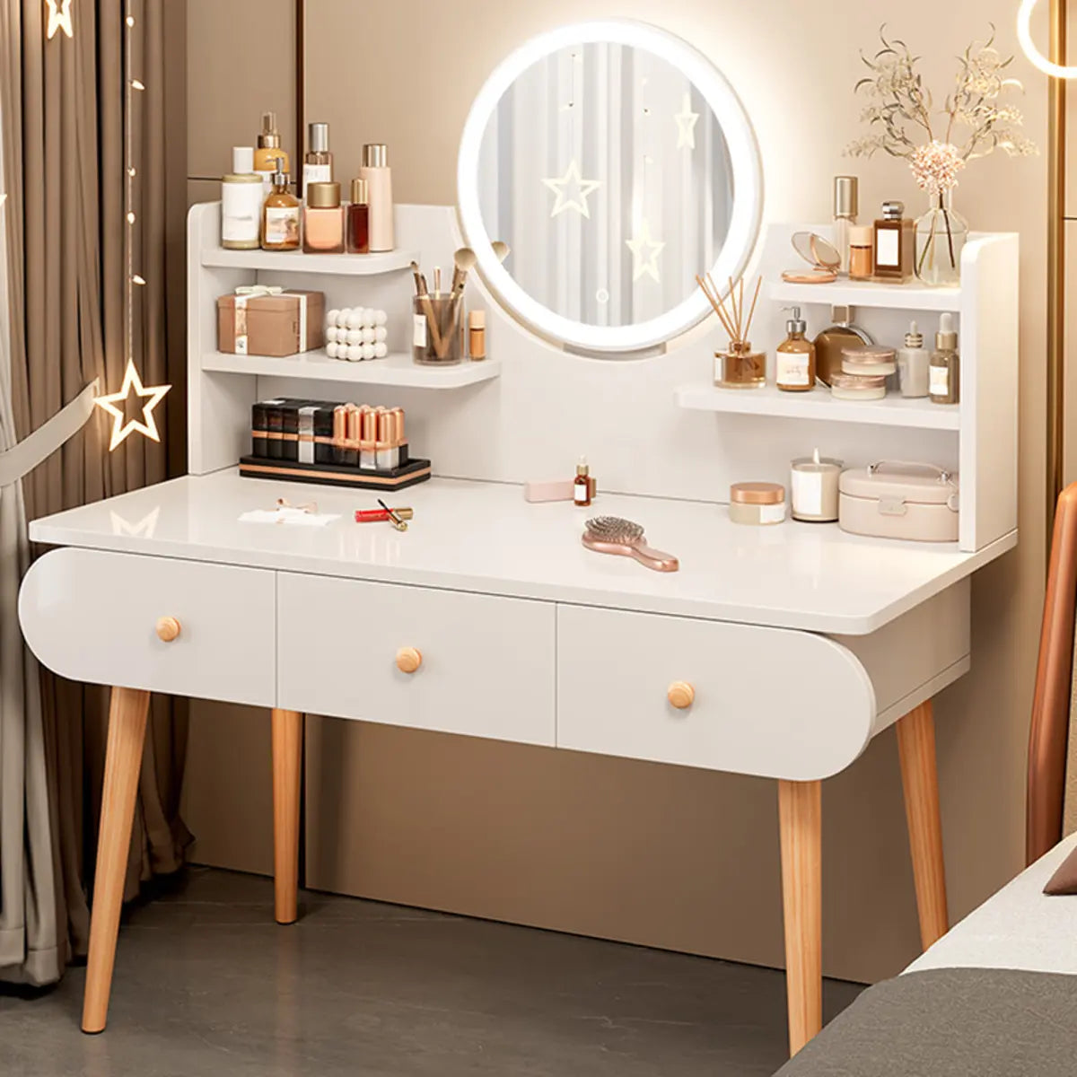 Modern Rectangle Mirror White Gray Vanity Set — Grey / 4 / Makeup Vanity & Stool & Mirror