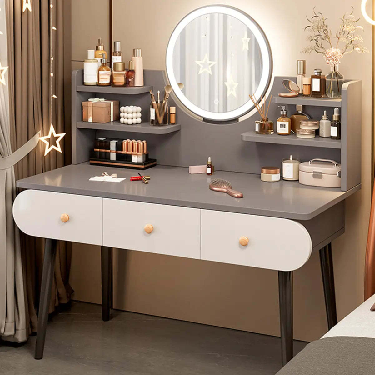 Modern Rectangle Mirror White Gray Vanity Set — White / 2 / Makeup Vanity & Mirror