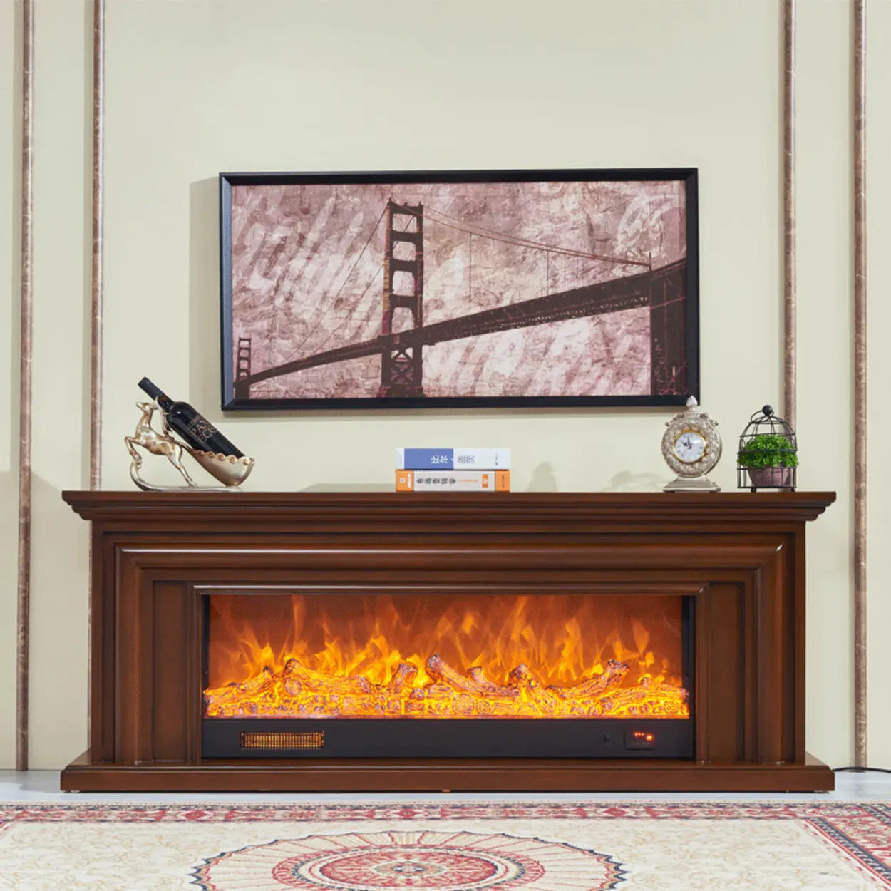Modern White Fireplace TV Stand with Flame — Brown