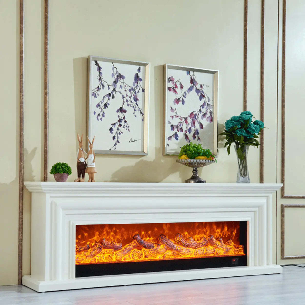 Modern White Fireplace TV Stand with Flame — White
