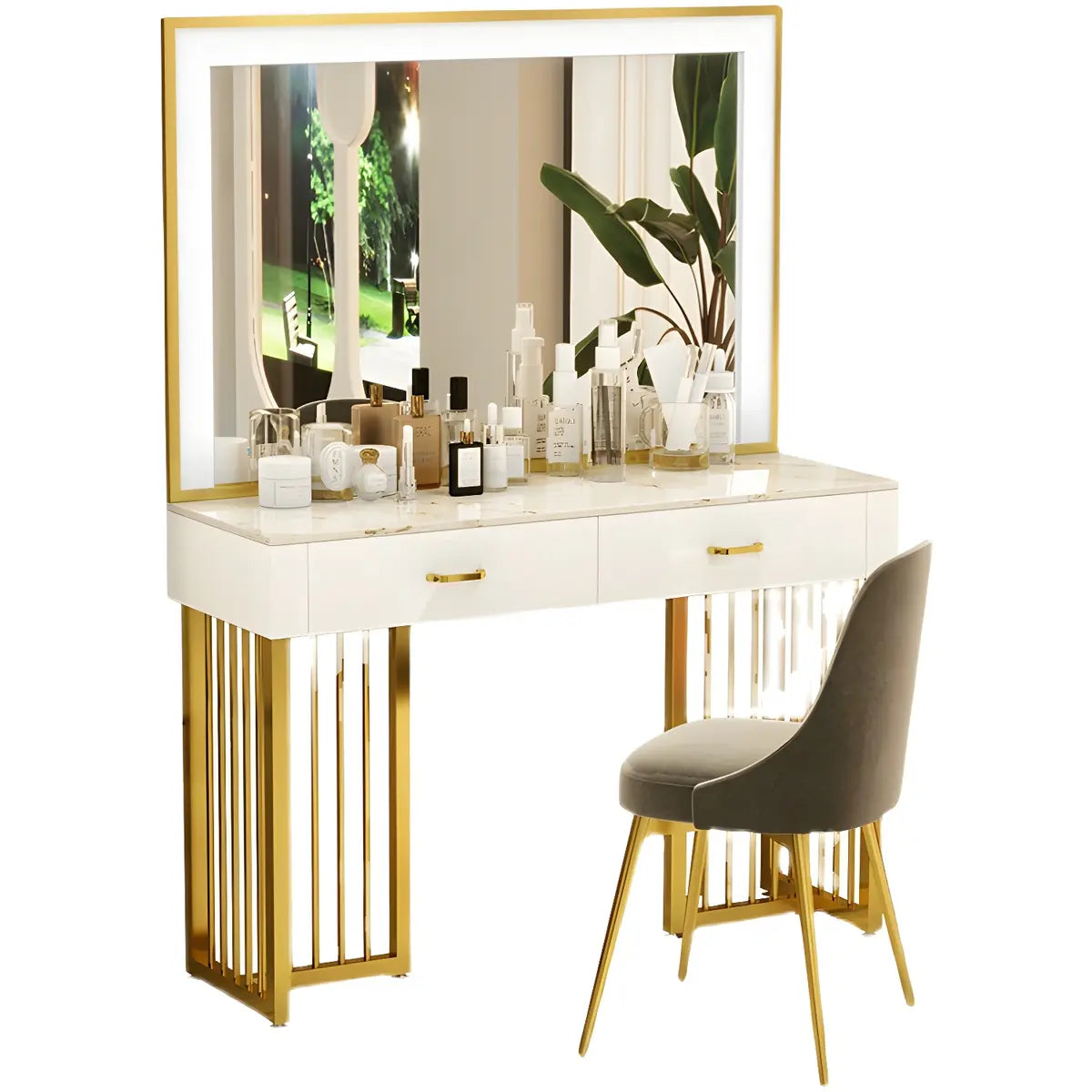 Modern White LED Mirror Sintered Stone Makeup Vanity — Makeup Vanity & Mirror & Stools