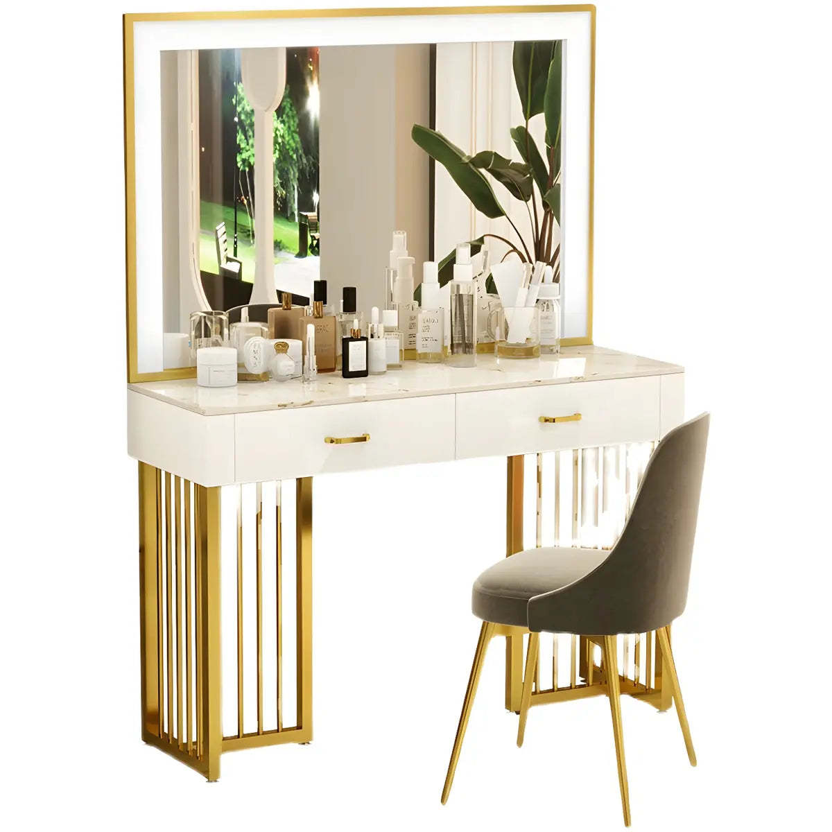 Modern White LED Mirror Sintered Stone Makeup Vanity — Makeup Vanity & Mirror & Stools