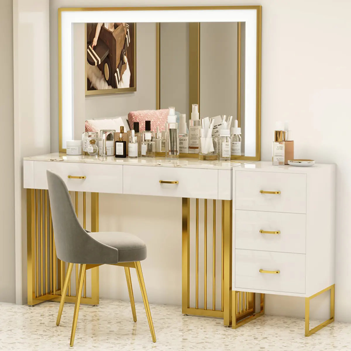 Modern White LED Mirror Sintered Stone Makeup Vanity — Makeup Vanity & Mirror