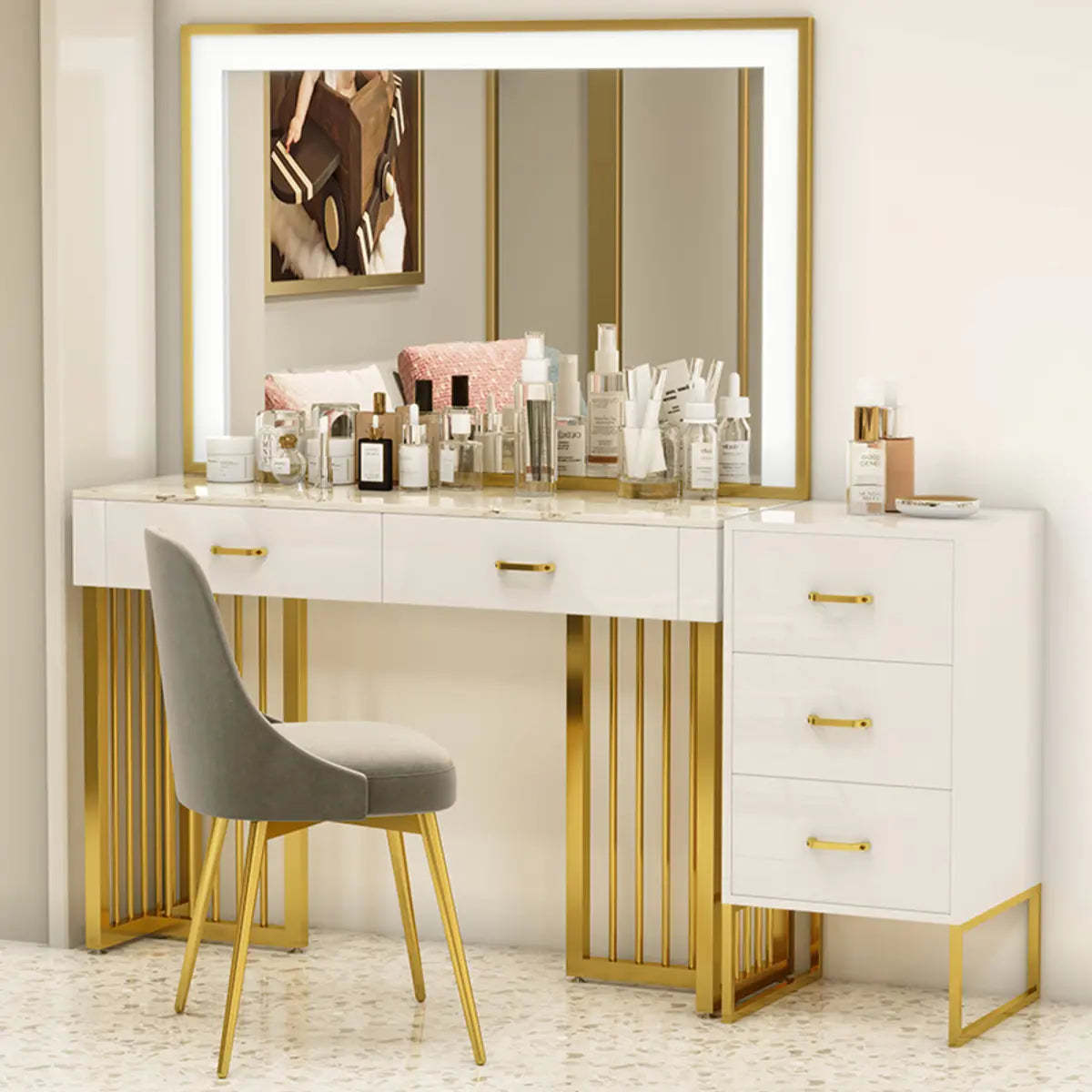 Modern White LED Mirror Sintered Stone Makeup Vanity — Makeup Vanity & Mirror
