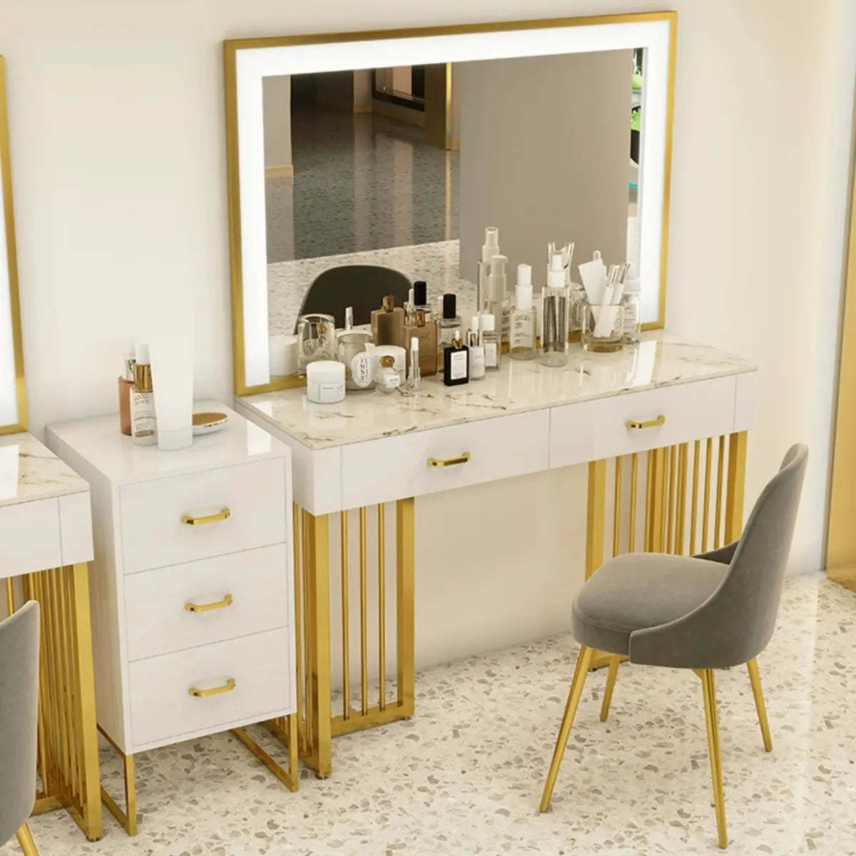 Modern White LED Mirror Sintered Stone Makeup Vanity — Makeup Vanity & Mirror & Stools