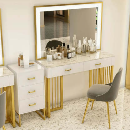 Modern White LED Mirror Sintered Stone Makeup Vanity — Makeup Vanity & Mirror & Stools