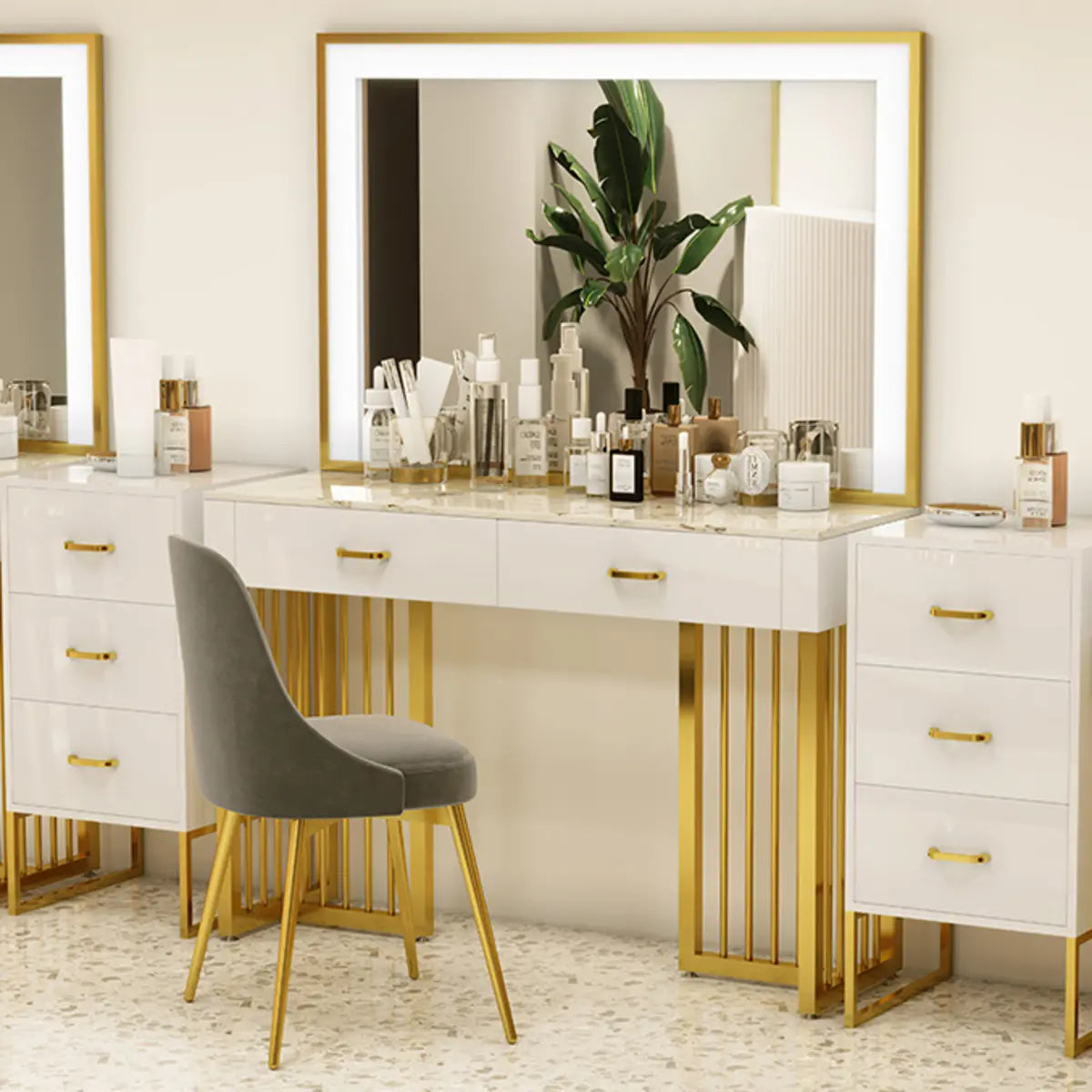 Modern White LED Mirror Sintered Stone Makeup Vanity — Makeup Vanity & Mirror & Stools