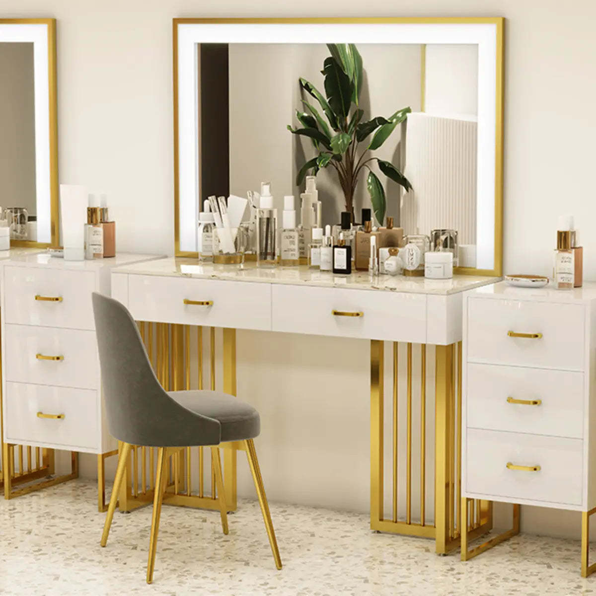 Modern White LED Mirror Sintered Stone Makeup Vanity — Makeup Vanity & Mirror & Stools