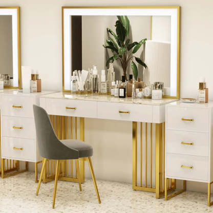 Modern White LED Mirror Sintered Stone Makeup Vanity — Makeup Vanity & Mirror & Stools
